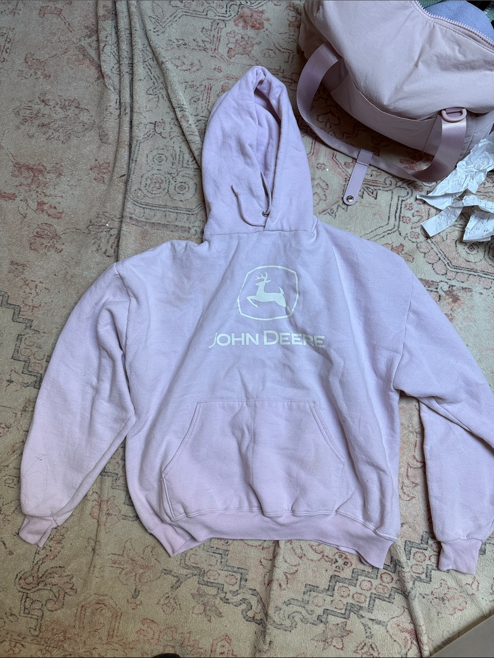 John Deere Light Pink Hoodie with White Logo